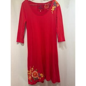JOHNNY WAS JWLA Red Cotton Floral Embroidered 3/4 Sleeve Scoop Neck Dress S